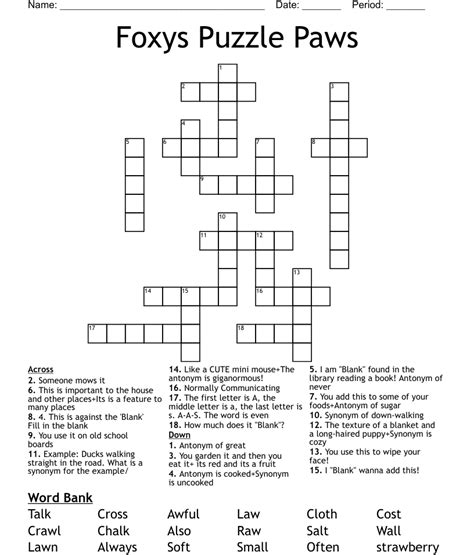 The solution to the Cutesy name for the pads on feline <b>paws</b> <b>crossword</b> <b>clue</b> should be: TOEBEANS (8 letters) Below, you’ll. . Get your paws out of my yard crossword clue